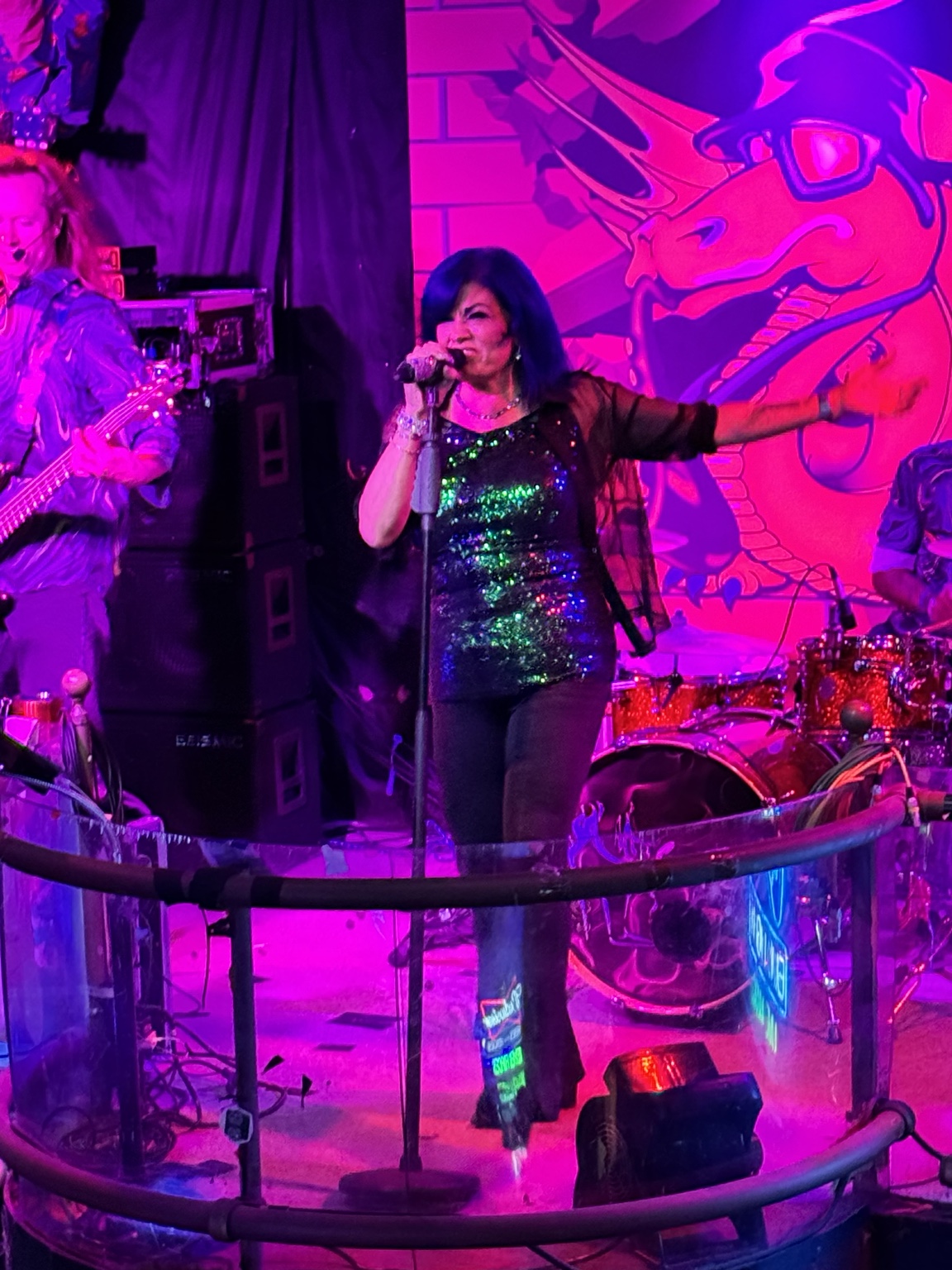 Ana singing with SWITCH under pink and purple stage lights
